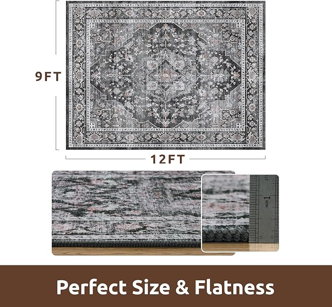 AMOAMI-Area Rug 9X12 Rugs for Living Room-Vintage Soft Black Rugs for Bedroom-Non Slip Carpet-Washable Rug for Dining Room Living Room Bedroom Office Under Table,Dark Grey & Black