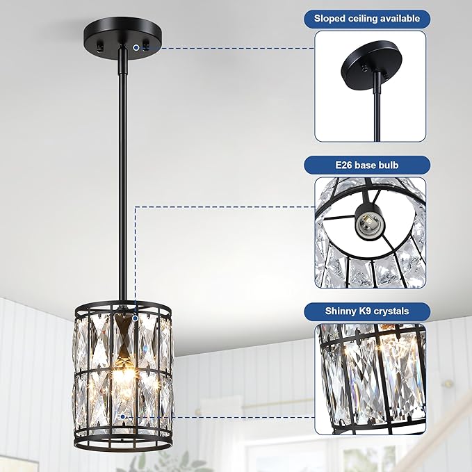 Modern Crystal Pendant Light Fixture 3-Pack Matte Black Finish Hanging Lighting Crystal Chandelier for Living Room, Kitchen, Hallway