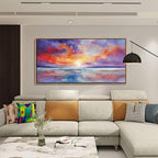 DUNHUANG ART Vibrant Orange Sunset Wall Art - Colorful Ocean Abstract Beach Decor for Living Room & Bathroom - Large Framed Coastal Seascape Picture - Ocean Sunrise Poster for Home Decoration 20"x40"