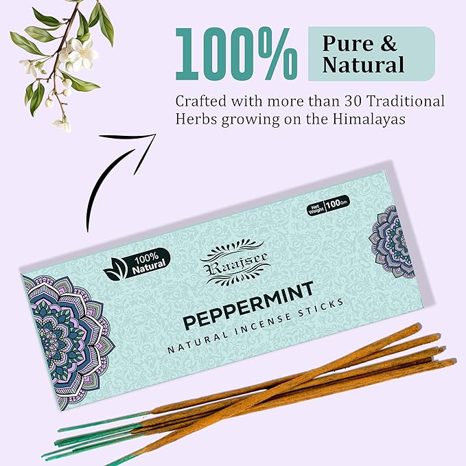 Peppermint Incense Sticks 100 gm Pack, Charcoal Free - 100% Natural,Organic Non Toxic Insence Sticks, Inscents Made with Flowers, Meditation Gifts for Spiritual Cleansing, Relaxation