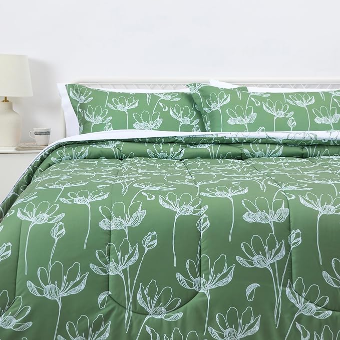 Amazon Basics Lightweight Microfiber Comforter Sets, 7 Pieces, Green, Floral, King