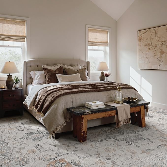 GENIMO 10x14 Area Rugs for Living Room, Non Slip Machine Washable Vintage Rugs, Low Pile Lightweight Chenille Print Large Rug for Bedroom, Dining Room, Home Office, Light Taupe Brown