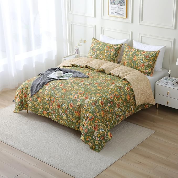 ABREEZE Paisley Bedding Sets 3Pcs Brushed Cotton Duvet Cover Set Queen Size Rustic Damask Green Floral Comforter Cover with Zipper Closure Boho Bedding Collections
