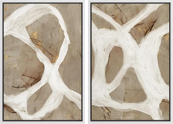 SIGNFORD Framed Canvas Print Wall Art Set Abstract White and Beige Brushstrokes on Neutral Illustrations Modern Art Decorative Bohemian for Living Room, Bedroom, Office - 24"x36"x2 White