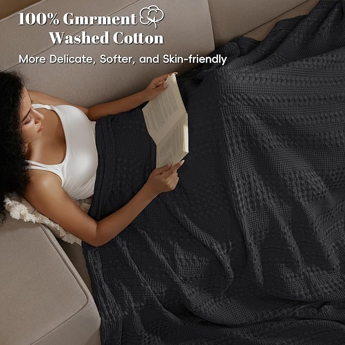 PHF 100% Cotton Waffle Weave Blanket Queen Size, Soft Lightweight Breathable Cozy Summer Blankets for Bed, Luxury Aesthetic Woven Bedding for Home Decor, 90"x90", Black
