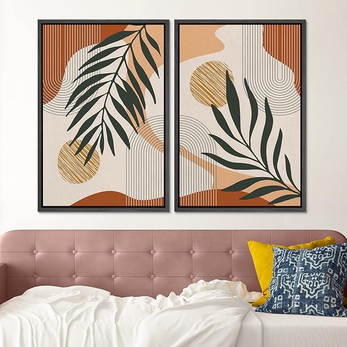 SIGNFORD Framed Canvas Print Wall Art Mid-Century Palm Leaf and Geometry Symbols Abstract Shapes Illustrations Modern Boho Nature Colorful Chic for Living Room, Bedroom, Office - 24"x36"x2 Black