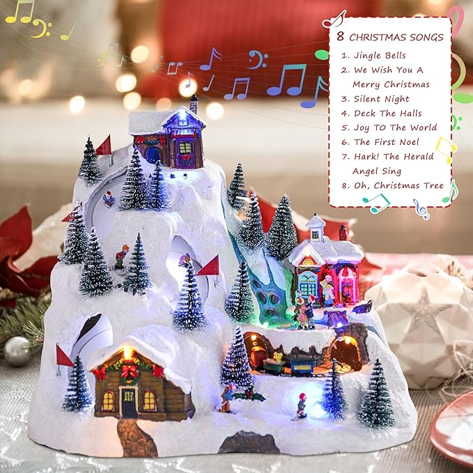 VCUTEKA Christmas Village Collectible Building, Snowy Mountain with Ski Slopes and Revolving Train Lighted Musical Village Addition to Your Christmas Indoor Decor