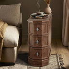 Nightstand Set of 2 with Charging Station, Vintage Wood End Table with 3 Drawer, Victoria Narrow Side Table, Slim Bedside Tables for Bedroom, Pre-Installation, Brown