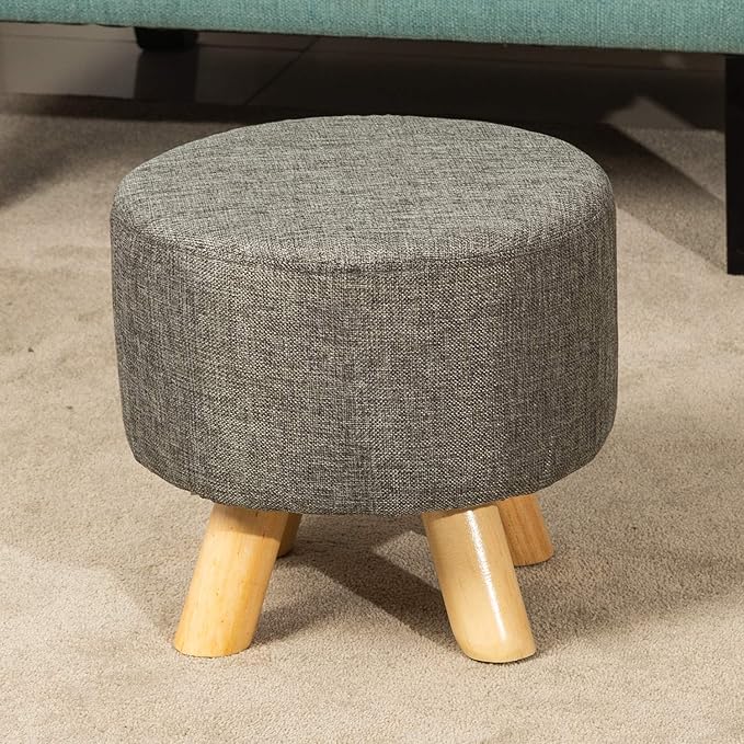 Asense Small Round Ottoman Foot Rest Stool Linen Padded Seat Footstool Ottoman with Anti-Slip Wooden Legs (Gray,Linen)