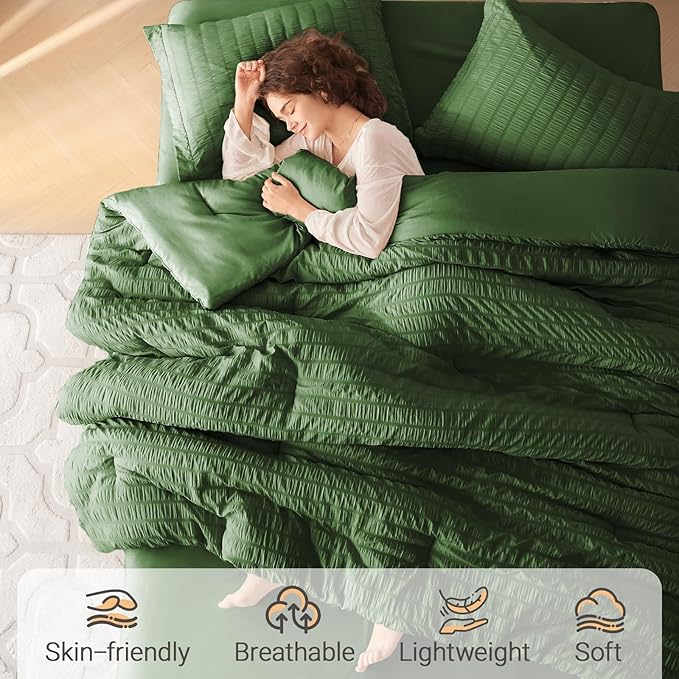 MUXHOMO 7 Pieces Queen Comforter Set, Seersucker Bed in a Bag Queen Size, All Season Luxury Bedding Set with Comforter, Flat Sheet, Fitted Sheet, Pillowcases & Shams, Dark Green