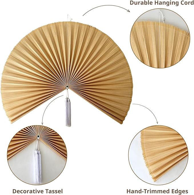 Fan Wall Decor, Japanese Giant Fan, Large Bamboo Fan Wall Art For Boho Hanging Headboard, Decorative Folding Fans For Over Bed, Asia Trending (Ivory 40inch)