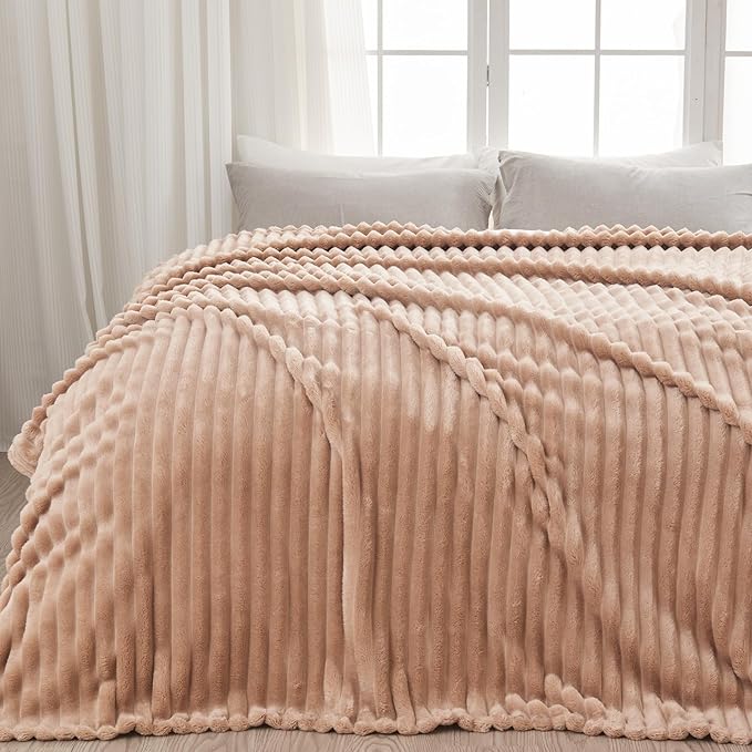 NEWCOSPLAY Super Soft Twin Blanket Taupe Premium Silky Flannel Fleece 3D Ribbed Jacquard Lightweight Bed Blanket All Season Use (Taupe Ribbed, Twin(60"x80"))