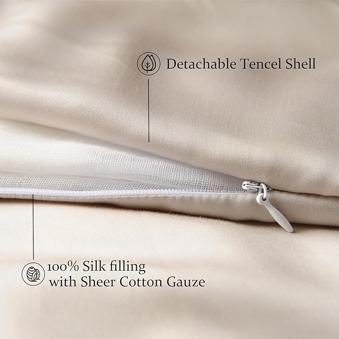 CUDDLE DREAMS Lightweight Silk Filled Comforter for Summer, Detachable Tencel Duvet Cover for Easy Care, Naturally Breathable (Light Pewter, King)