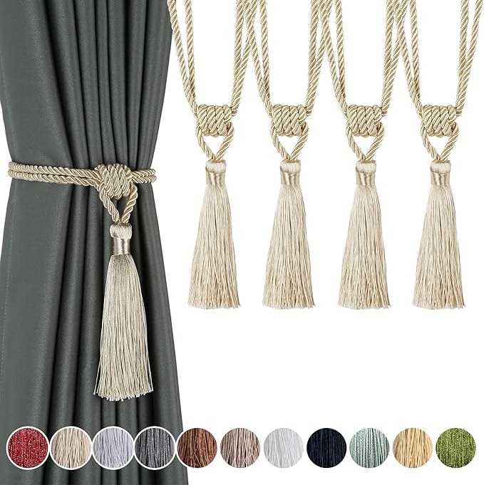 Fenghuangwu Curtain Tiebacks Tassel Tie-Backs, Rope Curtain tie Backs Handmade Curtain Holdbacks Made from Polyester (Beige, 4p)