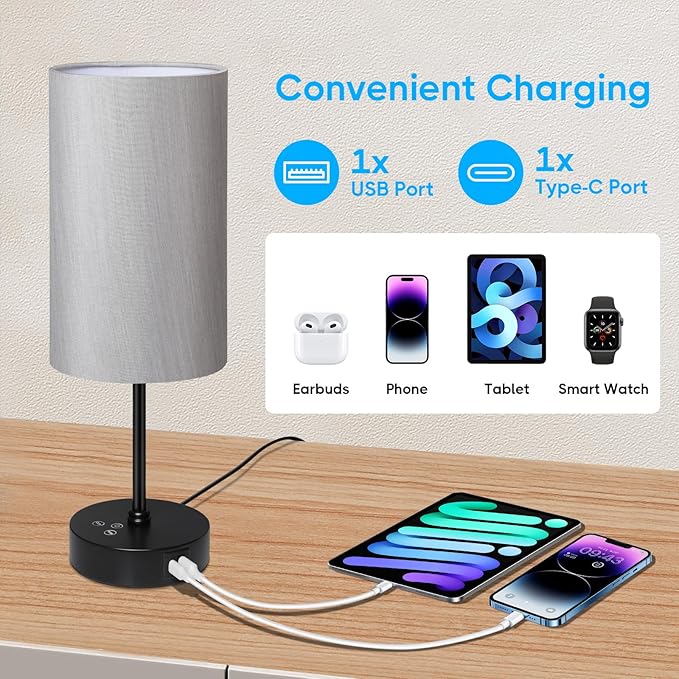 Unicozin Table Lamp, 3 CCT 3000K/4500K/6500K & RGB Color Changing, Stepless Dimmable, 17Inch Bedside Lamp for Reading, Ambience Nightstand Light for Home Decor Party, Grey Shade