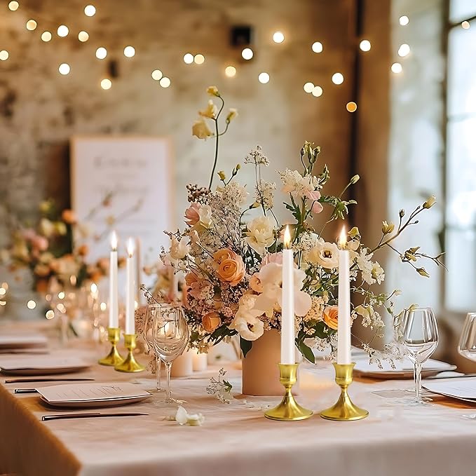 Vintage Gold Taper Candle Holders, Set of 12, Metal Taper Candlestick Holder for Dinner Room Table Centerpiece, Wedding Reception, Festive,Mantel Decoration, Home Decor (Titanium Gold)