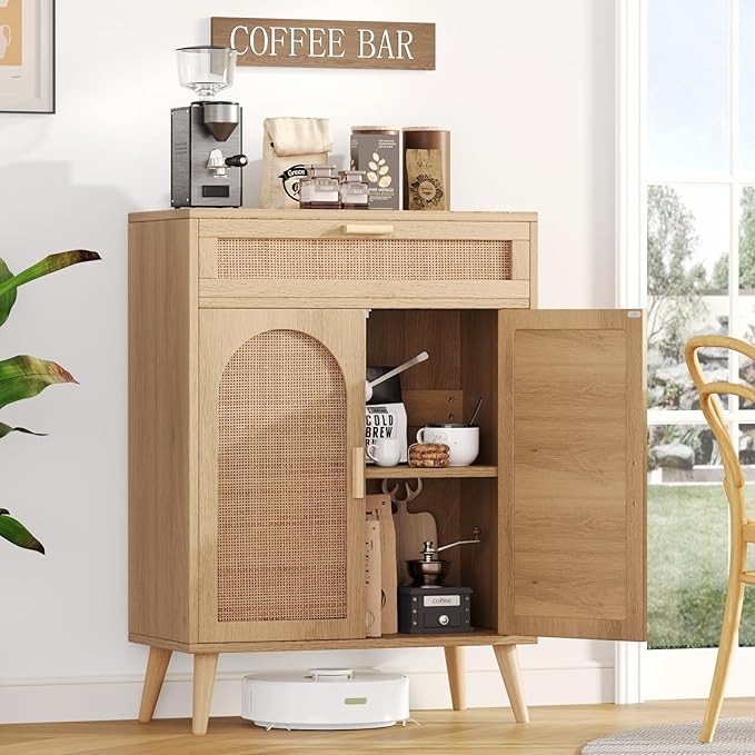 Irontar Rattan Buffet Sideboard Cabinet with Storage, Coffee Bar, Boho Credenzas with Drawer, Kitchen Storage Cabinet, Accent Cabinet with Doors for Hallway, Living Room, Dinning Room, Natural