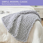 Bigacogo Chunky Knit Throw Blanket for Couch, 40x40 inches, 100% Hand Knitted with Thick Jumbo Chenille Yarn, Cozy Soft Large Rope Knot Cable Crochet Blankets for Sofa Bed Living Room, Light Grey