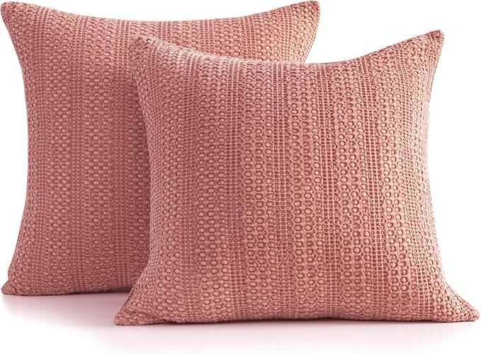 18x18 Throw Pillow Covers Set of 2 Boho Decorative Pillow Shams Stone Washed Cotton Pillowcase Waffle Square for Couch Sofa Chair Bed Car,Coral Pink