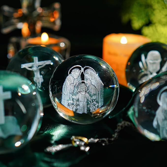 ZEERSHEE 3D Engraved Jesus Holy Family Crystal Ball Glass Jesus Statue Figurine Christian Religious Easter Gifts