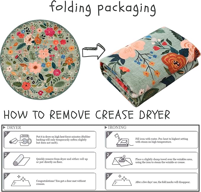 Round Rug 6ft Washable Circle Rug Non Slip Low Pile Boho Floral Small Circular Rug for Bedroom, Bathroom, Entryway, Kids Room, Office, College Dorm(Green)