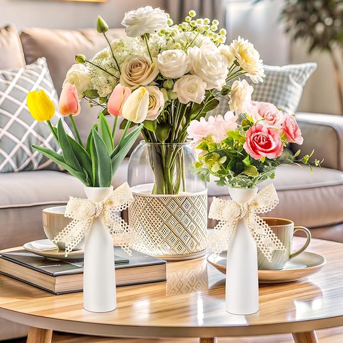 6 Pcs Ceramic White Vases for Home Decor with Cotton lace and Rope 7.09 inch Tall Vases for Centerpieces Modern Floral Vase Wedding Party Event Home Office Decoration