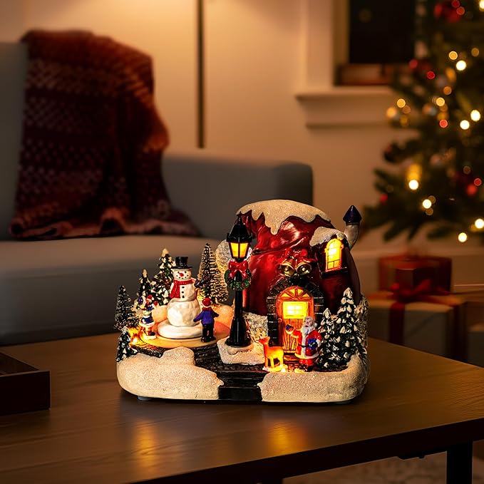 Christmas Village Lighted Musical Collectible Buildings - USB-Powered Santa's Hat House Scene with Snowman, Animated Holiday Figurines, LED Lights & Festive Music for Xmas Decor and Home Decorations
