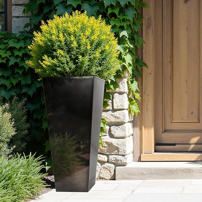 Worth Garden 28" H. Large Metal Glazed Planter Set of 2, Modern Glossy Finish Black Tall Square Tapered Steel Flower Plant Pots for Indoor & Outdoor Use - Insert Plate with Drain Holes, Air Vents