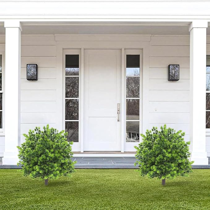 Artificial Boxwood Topiary Ball Trees with Ground Spikes UV Resistant Faux Greenery Shrubs Fake Shrubs for Outdoors, Realistic Faux Plants Bushes for Garden Porch Yard Patio Decor (Green Pine)