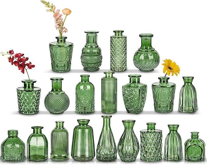Glass Bud Vases Set of 20, Small Flower Vase in Bulk for Centerpieces, Mini Vintage Peacock Green Vases for Rustic Wedding Vintage Home Table Decor