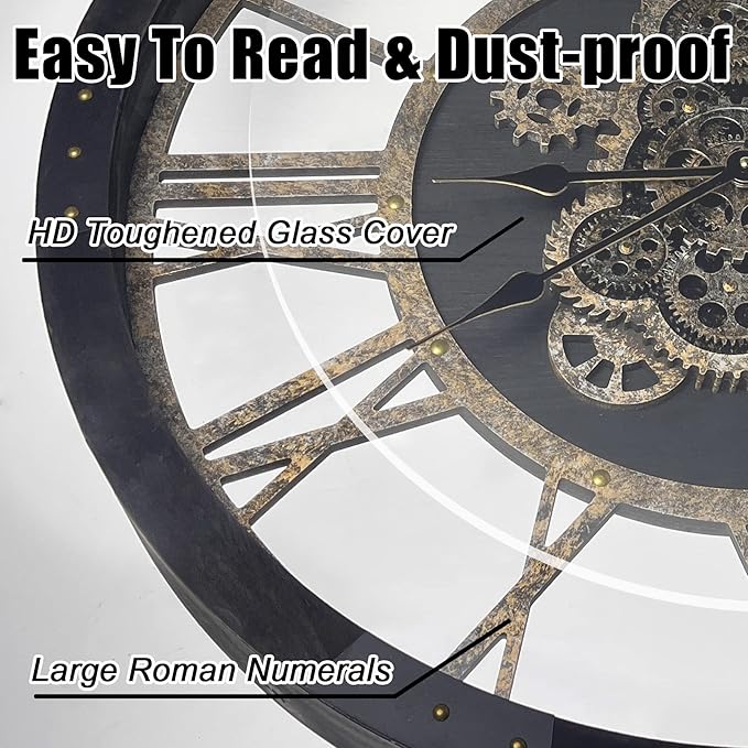 DORBOKER 36" Extra Large Wall Clock with Moving Gears, Oversized Giant Industrial Steampunk Rustic Clocks for Wall Decor Living Room Home Office, Solid Wood Vintage Black and Bronze Gears