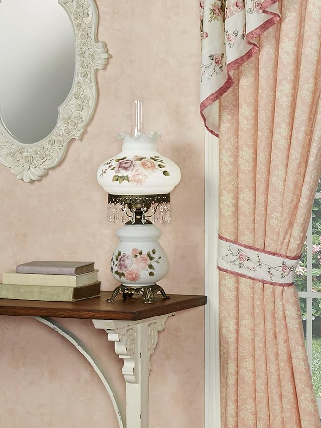 Touch of Class Brook Floral Handpainted Hurricane Table Lamp White Floral Motifs - Metal Base, Glass Shade, Scalloped Edges - Vintage Bedroom Aesthetic - Victorian Style Parlor Lamps for Bedroom