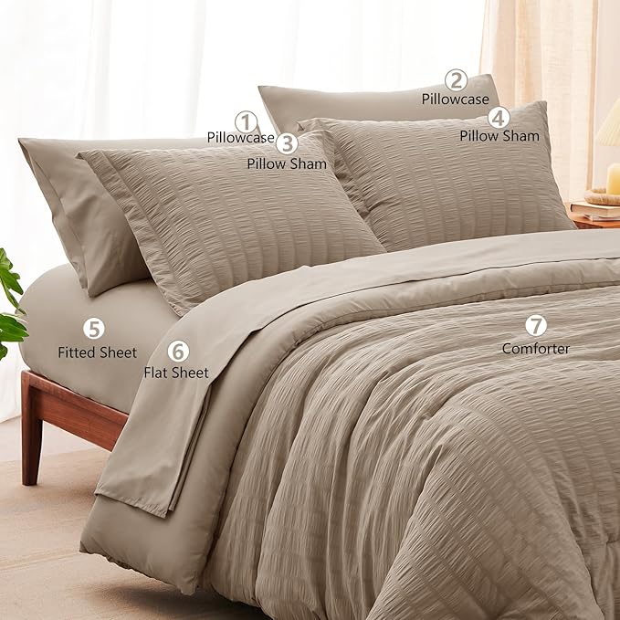 CozyLux King Size Comforter Set Khaki Seersucker 7 Pieces Bed in a Bag King Comforter Set with Sheets, Luxury Soft Bedding Set with Down Alternative Comforter, Sheets, Pillowcases & Shams All Seasons