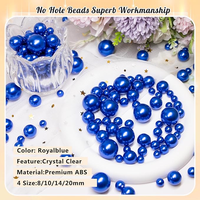 300Pcs Pearl Vase Filler, RoyalBlue No Hole Faux Pearl Beads for Centerpieces Vases, Candle Centerpieces, Wedding Birthday Party Home Decor 8/10/14/20mm