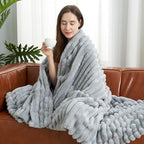 Amélie Home Faux Fur Throw Blanket for Couch, Cozy Fuzzy Fluffy Fur Luxurious Soft Striped Plush Gift Blankets for Family Sofa Chair Bed Living Room Bedroom, 60"x80", Light Grey