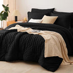 CozyLux Queen Comforter Set Black Seersucker 7 Pieces Bed in a Bag Queen Comforter Set with Sheets, Luxury Soft Bedding Set with Down Alternative Comforter, Sheets, Pillowcases & Shams for All Seasons