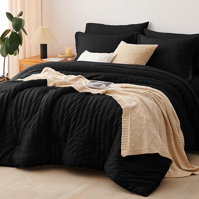 CozyLux Twin XL Comforter Set with Sheets Seersucker Black 5 Pieces Bed in a Bag, Twin Extra Long Luxury Soft Bedding Sets for College Dorm with Down Alternative Comforter, Sheets, Pillowcases & Shams