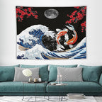 Houselerax Japanese Koi Fish Tapestry, Yin Yang Big Wave Red Cherry Blossom Tapestries Wall Hanging for Bedroom Living Room Office Decor 80"x60"