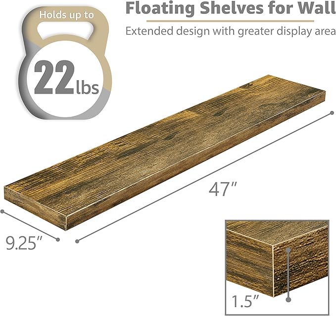 Sorbus Floating Shelves for Wall - 48 Inch Long Bathroom Shelves, Wall Decor for Bedroom, Kitchen, Living Room & Book Storage - Mounted Floating Shelf with Invisible Brackets (Rustic Brown, 2 Pack)