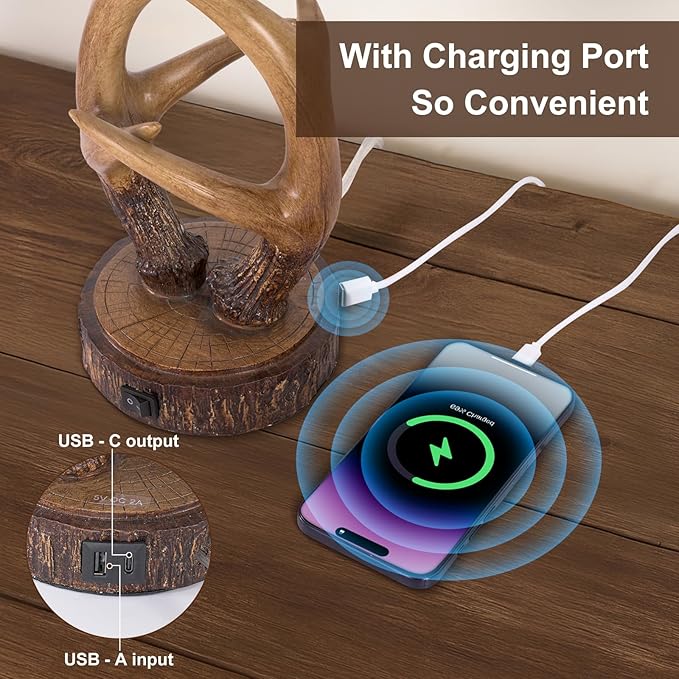 Scenekoy Antler Table Uplight Lamp for Living Room Bedroom, 20.5” Resin Memory Function Bedside Lamps with Glass Shade, Rustic Nightstand Lamp with USB Ports for Home Room Decor (Bulb Included)