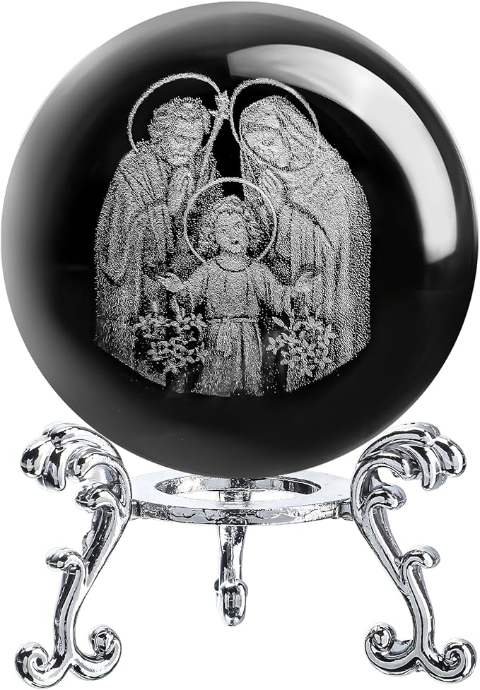 ZEERSHEE 3D Engraved Jesus Holy Family Crystal Ball Glass Jesus Statue Figurine Christian Religious Easter Gifts