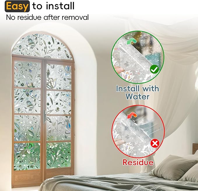 Rainbow Window Privacy Film Decorative, Stained Glass Window Tint for Home, 3D Decals Window Clings for Glass Windows, Static Cling Window Sticker, Suncatcher Window Cover,35.4" by 157.4"