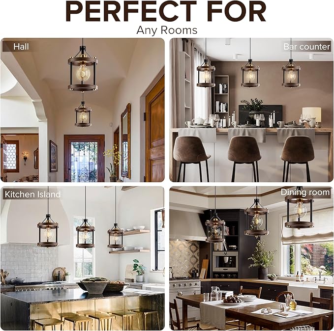 MO&OK Chandelier Vintage Pendant Light Fixture, Wood Color Farmhouse Wooden Metal Chandeliers, Open Frame Hanging Lighting for Diningroom,Bar, Entrance Hall, Kitchen Island H10.6 xD6.7-1 Light