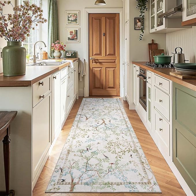 jinchan Ivory Botanical Birds 3x10 Runner Rug for Hallway Washable Non Slip Soft Nature Plants Modern Kitchen Runner Carpet Vintage Ultra Thin Low Pile Rug for Entryway Living Room Kitchen Laundry