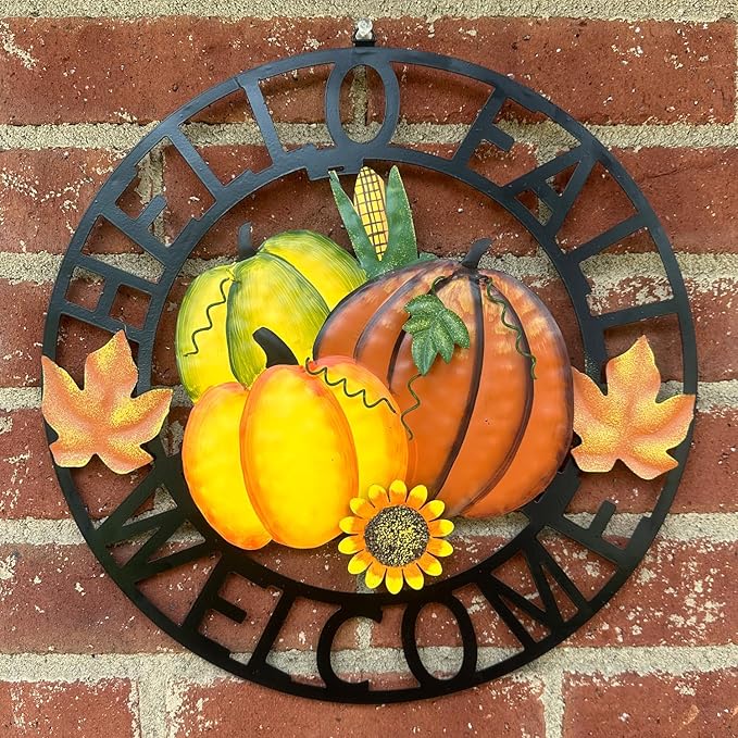 Metal Hanging Pumpkin Hello Fall Welcome Wreath Autumn Fall Harvest Decor for Front Door, Rustic Farmhouse Seasonal Thanksgiving Halloween Decoration-13''H