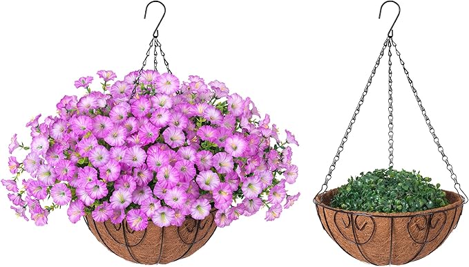 Artificial Faux Hanging Plants Flowers Basket for Outdoor Outside Spring Summer Decoration, Silk Purple Morning Glory in Planter UV Resistant Look Real Fake Flowers for Porch Patio Balcony Home Yard