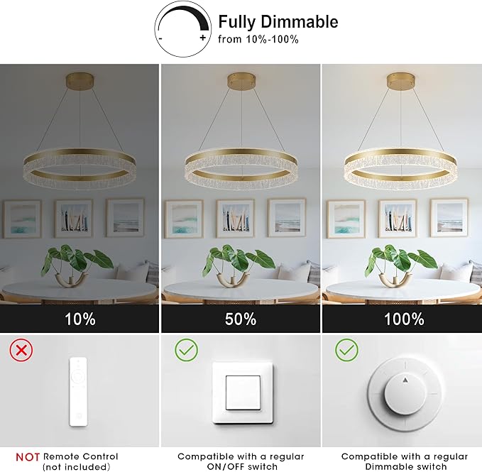 MADEM Modern Gold Led Pendant Light,36W Dimmable LED Chandelier Lighting Fixture, 1 Ring Circular Hanging Led Pendant Lighting for Living Room Dining Room Kitchen Island Foyer Office