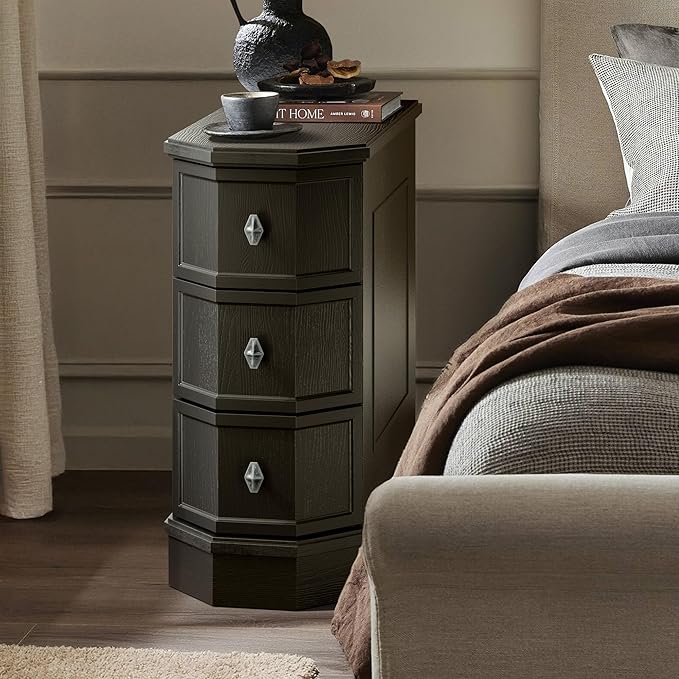 Nightstand Set of 2 with Charging Station, Vintage Wood End Table with 3 Drawer, Victoria Narrow Side Table, Slim Bedside Tables for Bedroom, Pre-Installation, Black