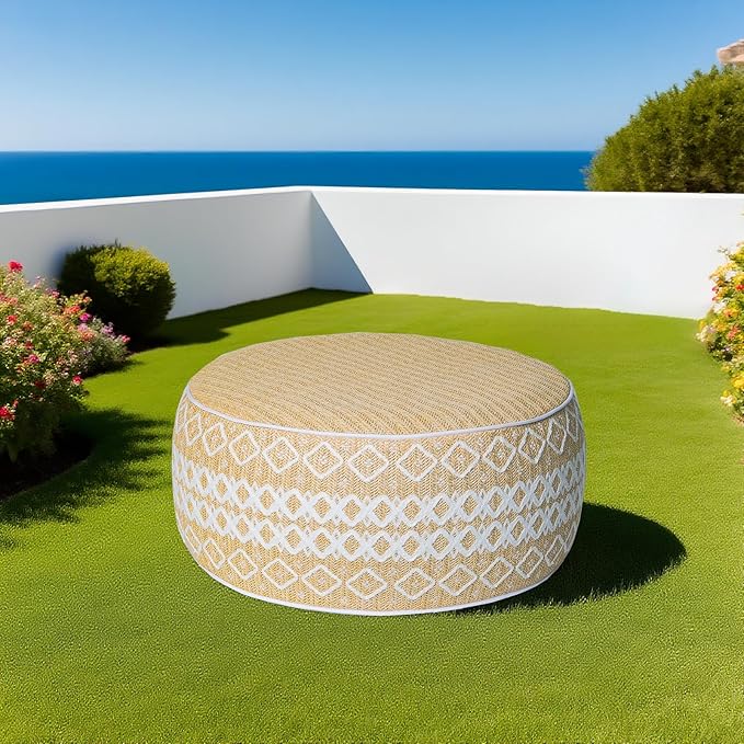 Outdoor Inflatable Ottoman with Air Pump, Embroidery Patio Footrest Stool D21”x H9”, Round Pouf Ottoman with Portable Handle Suitable for Garden, Camping, Bedroom, Living Room
