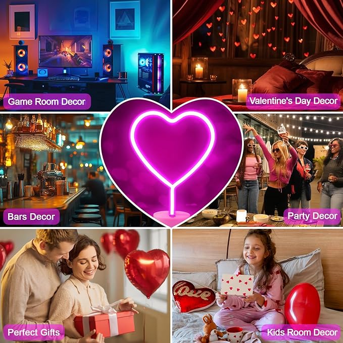 BRIGHTDECK 2 Pack Heart Neon Signs, LED Lights Battery Operated or USB Powered Decoration Lamp, Neon Lights Decor for Valentine's Day Gifts, Wedding, Party, Pink Room Decor (Pink Heart)